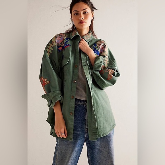 LIKE NEW FREE PEOPLE WE THE FREE TAKE FLIGHT EMBROIDERED SHIRT, DRIED PINE, XL - Picture 3 of 13